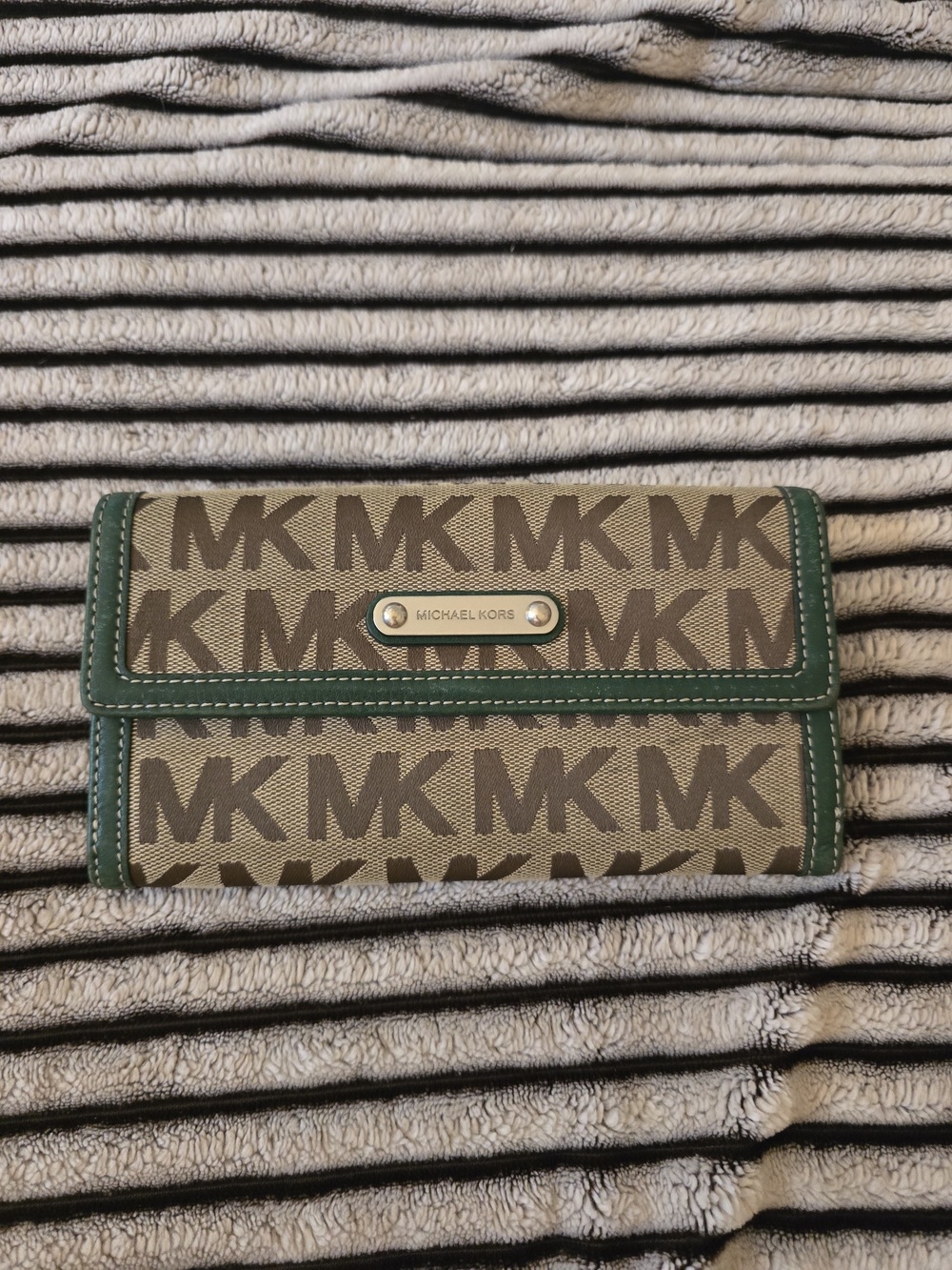 Michael Kors Brown MK Logo Wallet with Green Leather Trim